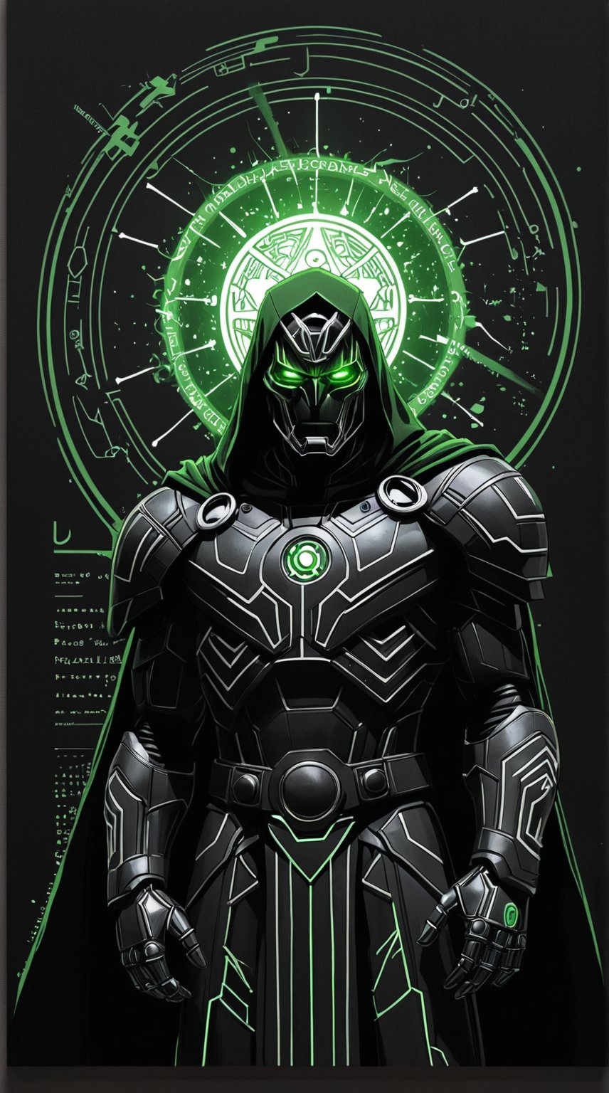 A stunning conceptual art piece featuring Dr. Victor von Doom, drawn with precision using white ink on black paper. The anime-inspired design showcases Dr. Victor von Doom's intricate armor with glowing GREEN energy details. The background is minimalistic, with a touch of typography that adds depth and dimension to the piece. The overall composition creates a striking balance between the white and black elements, immersing the viewer in a futuristic and conceptual world., anime, photo, typography, conceptual art