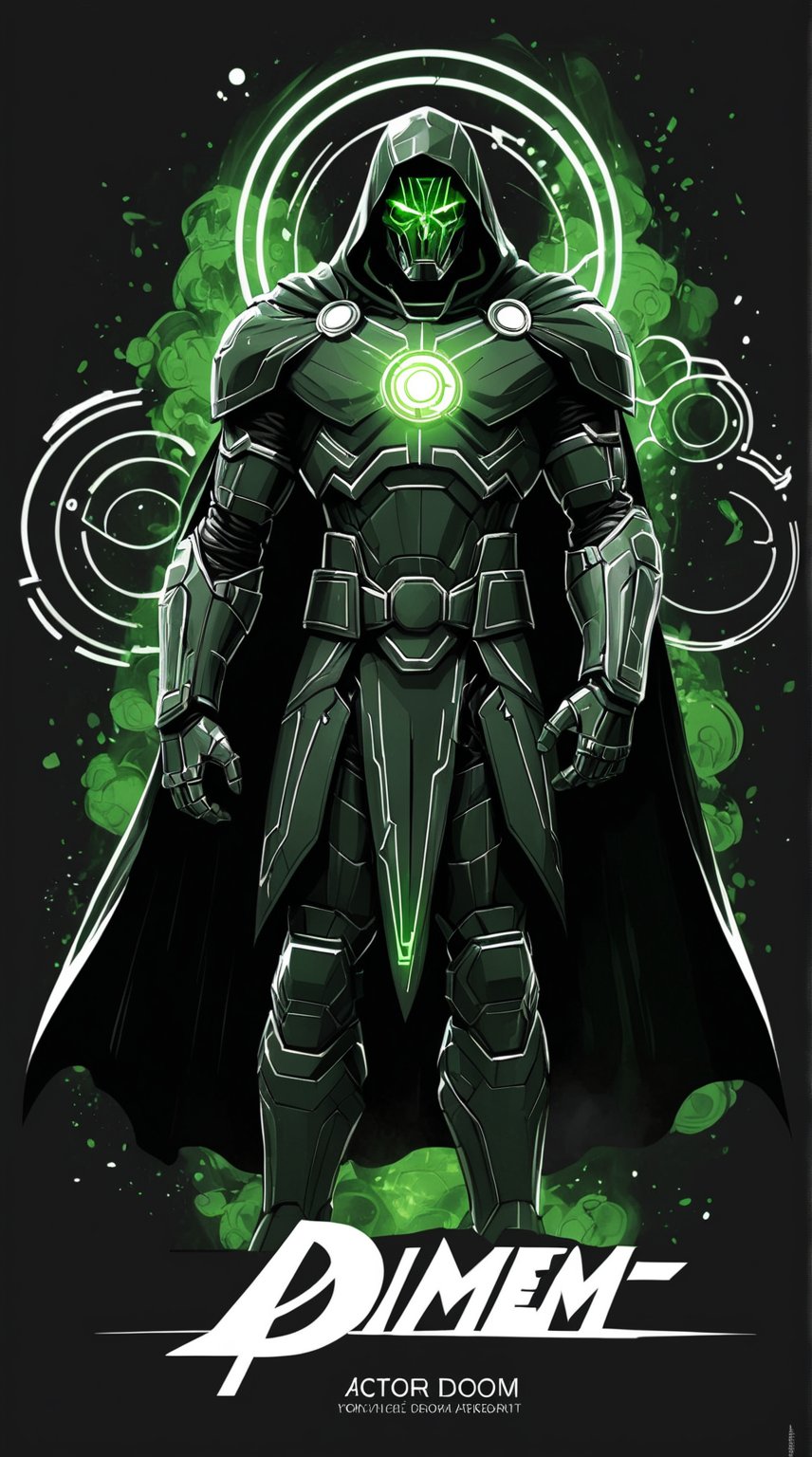 A stunning conceptual art piece featuring Dr. Victor von Doom, drawn with precision using white ink on black paper. The anime-inspired design showcases Dr. Victor von Doom's intricate armor with glowing GREEN energy details. The background is minimalistic, with a touch of typography that adds depth and dimension to the piece. The overall composition creates a striking balance between the white and black elements, immersing the viewer in a futuristic and conceptual world., anime, photo, typography, conceptual art