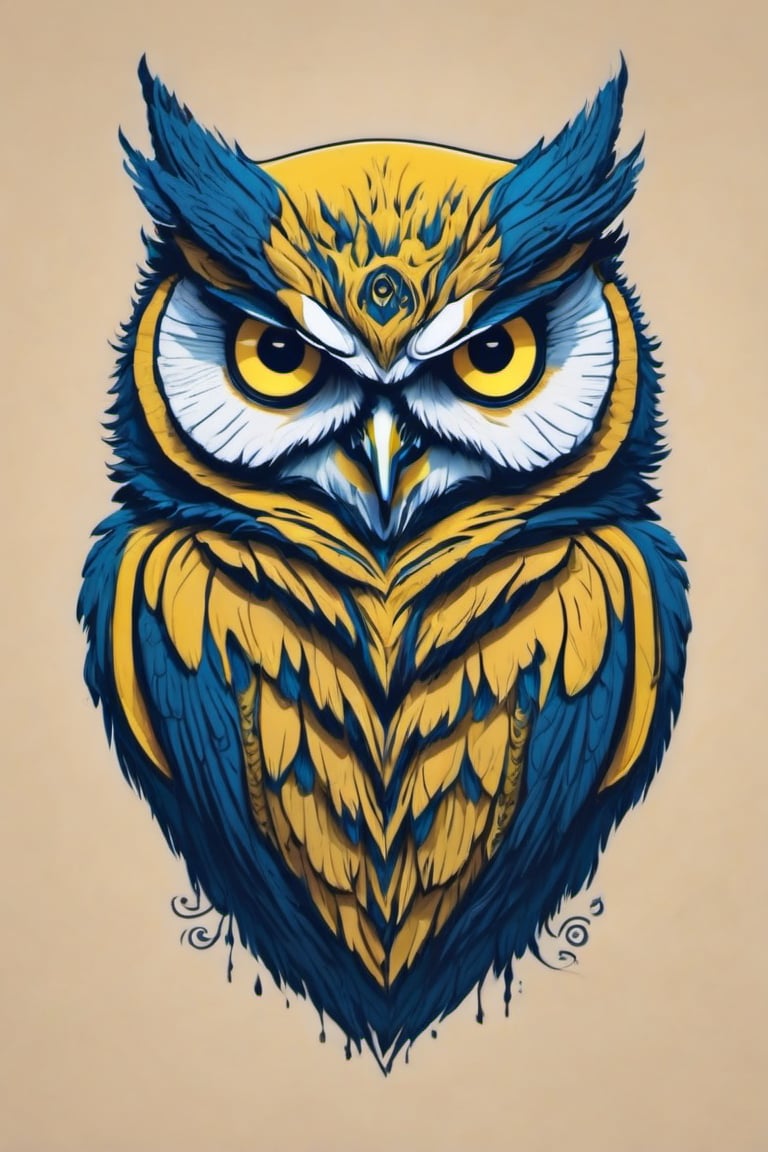 Leonardo Style, illustration, no humans, looking at viewer, yellow eyes, solo, portrait,vector art, owl,oni style