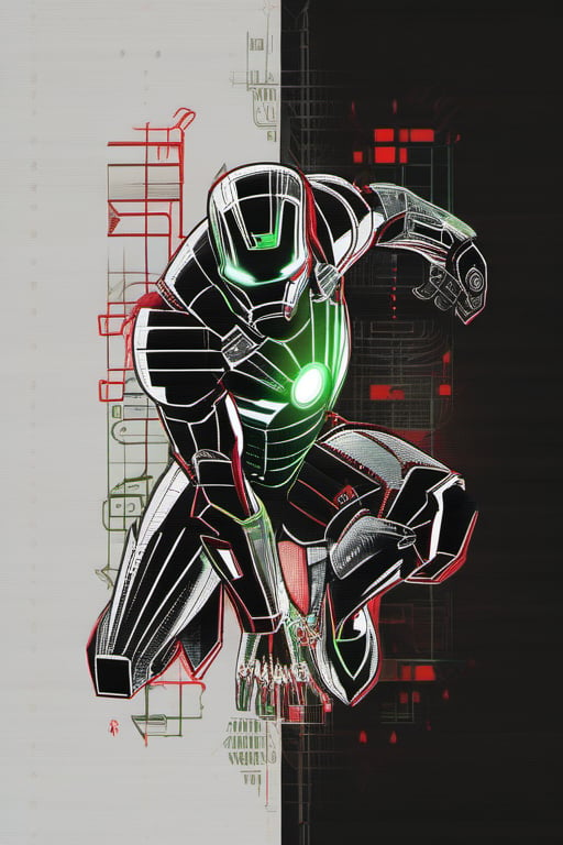 A stunning conceptual art piece featuring Iron Man, drawn with precision using white ink on black paper. The anime-inspired design showcases Iron Man+ Dr. Victor von Doom 's intricate armor with glowing red and green energy details. The background is minimalistic, with a touch of typography that adds depth and dimension to the piece. The overall composition creates a striking balance between the white and black elements, immersing the viewer in a futuristic and conceptual world. anime, photo, typography, conceptual art

