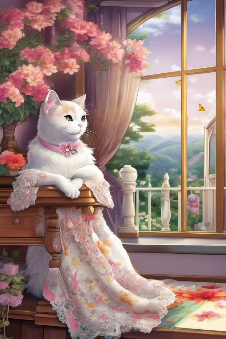 
kemineko, a graceful and elegant cat, rests gracefully on a windowsill overlooking a picturesque garden bursting with vibrant flowers and fluttering butterflies. The room is adorned with delicate lace curtains that gently billow in the breeze, creating a soothing ambiance. The illustration style enhances the whimsical atmosphere, with its vibrant colors and intricate details, bringing kemineko's serene presence to life.