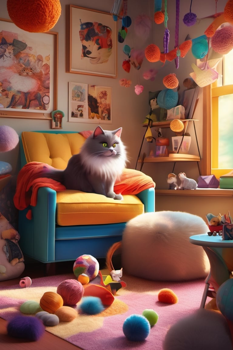  kemineko, a playful and mischievous cat, sits atop a plush cushion in a cozy corner of a sunlit room filled with toys and colorful yarn balls. The room is adorned with vibrant posters of famous feline characters, and a whimsical mobile dangles from the ceiling, featuring miniature cat-shaped clouds. The Pixar 3D style brings the scene to life, capturing the furry textures of kemineko's fur and the vibrant details of the room.