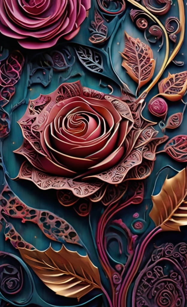 An image featuring a captivating patten that immediately draws the viewer's attention. The patterns, with their intricate details and repetitive motifs, create a visually stimulating experience. The environment depicted in the scene is reminiscent of an otherworldly realm, where the patterns seem to come to life. The chosen image style for this concept is a rose-inspired painting, with its vibrant colors and rich textures.