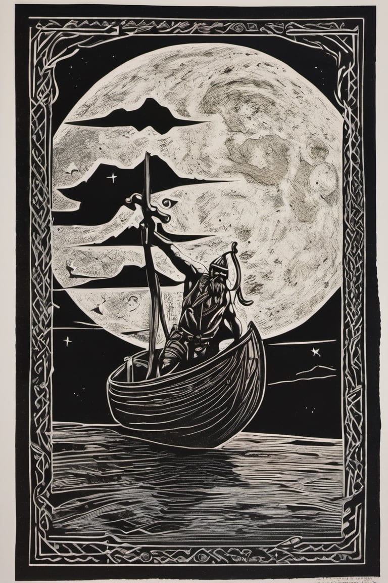 an award winning linocut engraving on paper of viking in the moon