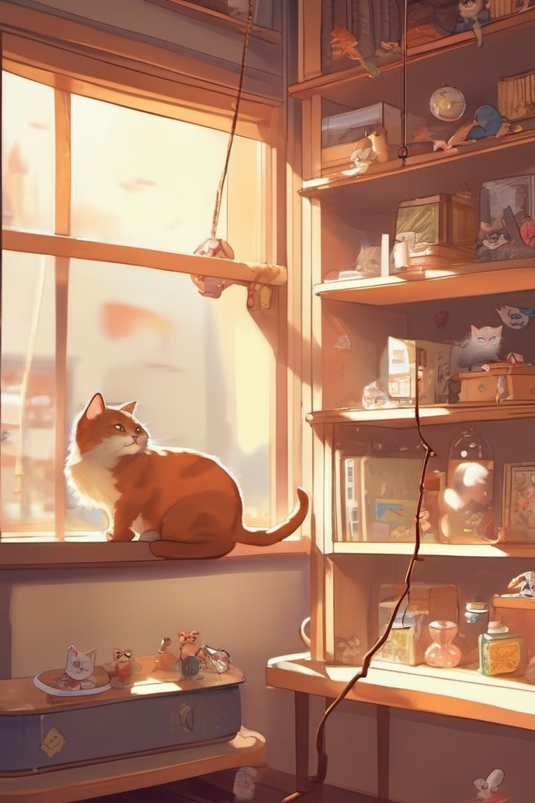 kemineko, an adorable cat with twinkling eyes, gazes curiously at a toy mouse suspended from a string. The room is bathed in warm sunlight, casting soft shadows on the wooden floor and illuminating a sprawling collection of cat-themed knick-knacks on the shelves. The photography style captures the essence of the moment, freezing keminkeo's playful leap and the anticipation in its eyes.