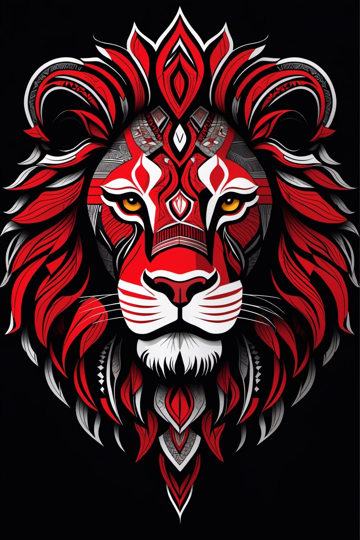 Tribal Spirit animals: tribal art, featuring a intricately detailed spirit animal Lion, powerful, mysterious, high contrast, The design incorporates geometric patterns and bold linework to create a striking and powerful composition. Black background, 8k, ready to print illustration of hand drawn Lion, simple vector, black white Red, few colors and many shades, clean and sharp lines