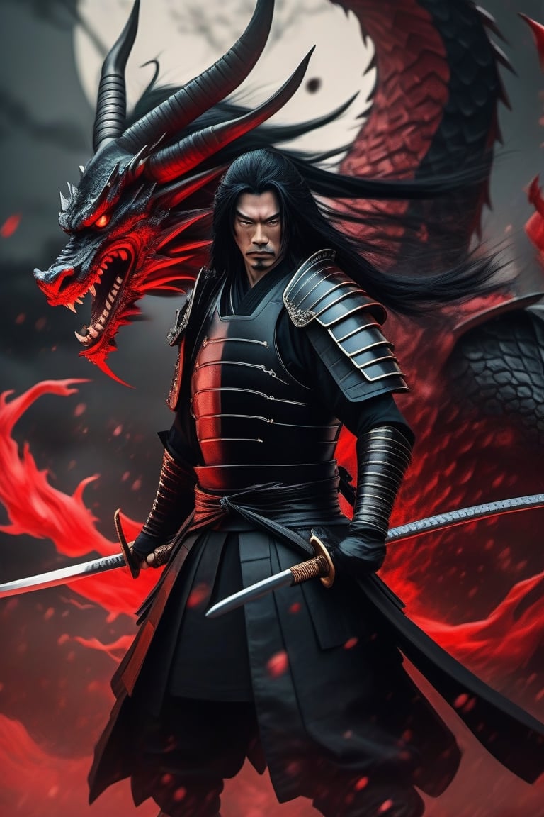 raw photo of a male samurai in black leather armor, oni, very long straight black hair, red dragon elements, futuristic style by Julie Bell, ultra high resolution, sharp focus