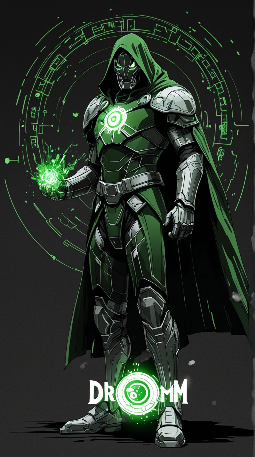 A stunning conceptual art piece featuring Dr. Victor von Doom, drawn with precision using white ink on black paper. The anime-inspired design showcases Dr. Victor von Doom's intricate armor with glowing GREEN energy details. The background is minimalistic, with a touch of typography that adds depth and dimension to the piece. The overall composition creates a striking balance between the white and black elements, immersing the viewer in a futuristic and conceptual world., anime, photo, typography, conceptual art
