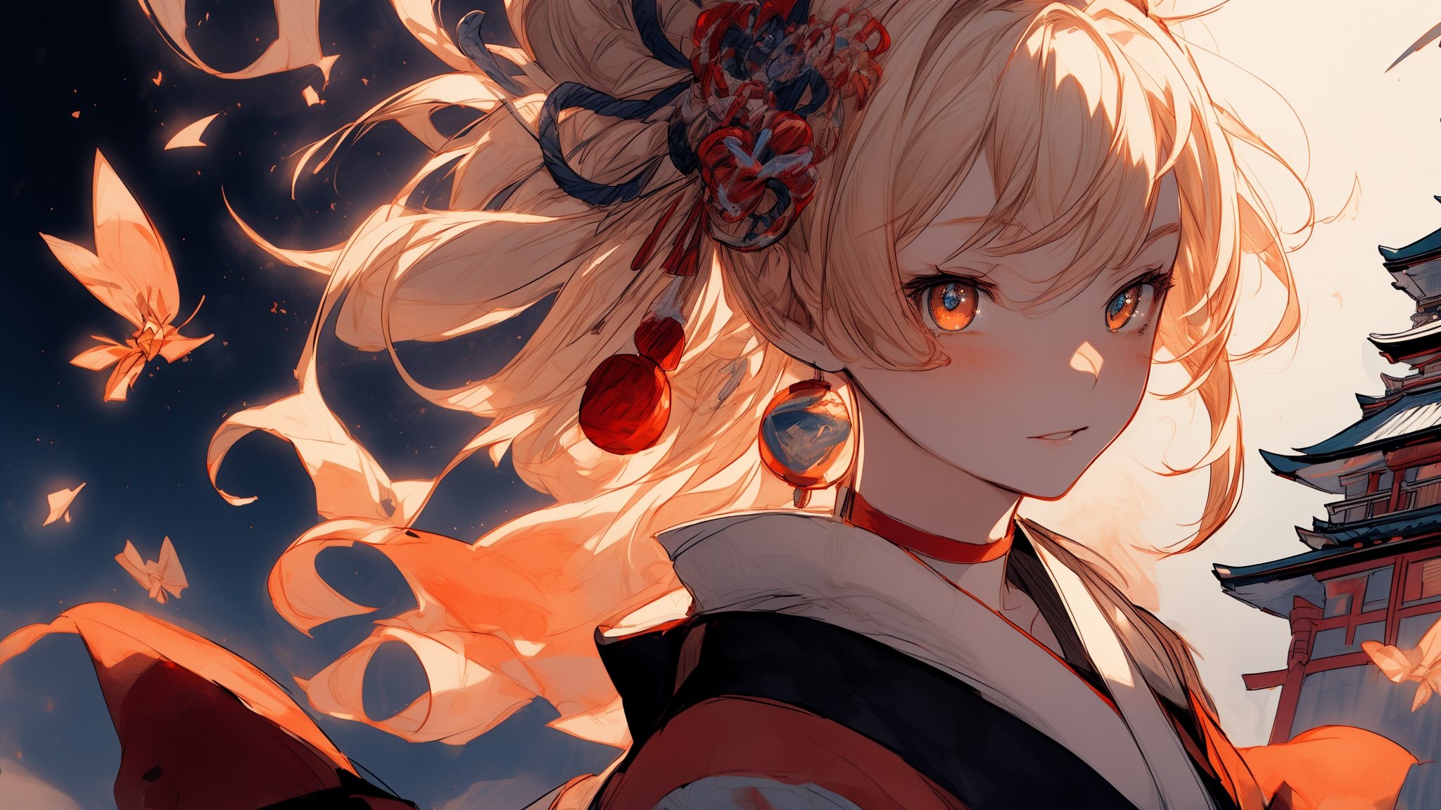 masterpiece, (Vision :1.2),16k,sketch, 1 girl, solo, orange_eyes, blond, beautiful detailed eyes,  [Off-the-shoulder kimono|open clothes],evening, beautiful detailed starry_sky, beautiful detailed mountainside, (japanese building:1.2),perfect,yoimiyadef