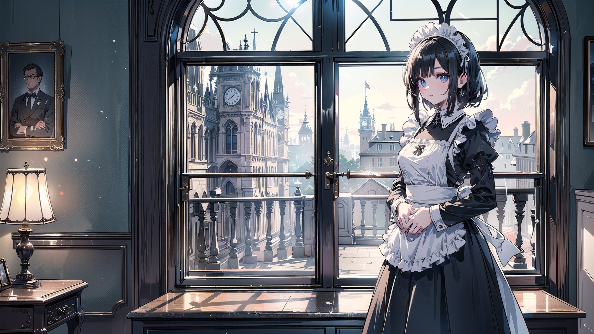 (best quality,  masterpiece,  panoramic:1.3),  beautiful and aesthetic,  vibrant color,  Exquisite details and textures,  Warm tone,  ultra realistic illustration,  (A 25-year-old black-haired maid with long, black hair and a slim figure stands in a corner window of a large, stone-built medieval mansion. The window is a tall, narrow lancet window. The maid is wearing a simple black dress and a white apron. She is using a damp cloth to polish the glass.:1.5),  16K,  (HDR:1.4),  high contrast,  lens flare,  anime style,  ultra hd,  realistic,  vivid colors,  highly detailed,  UHD drawing,  perfect composition,  beautiful detailed,  intricate insanely detailed,  octane render trending on artstation,  8k artistic photography,  photorealistic concept art,  soft natural volumetric cinematic perfect light, ,nodf_lora,1 girl,portrait,illustration