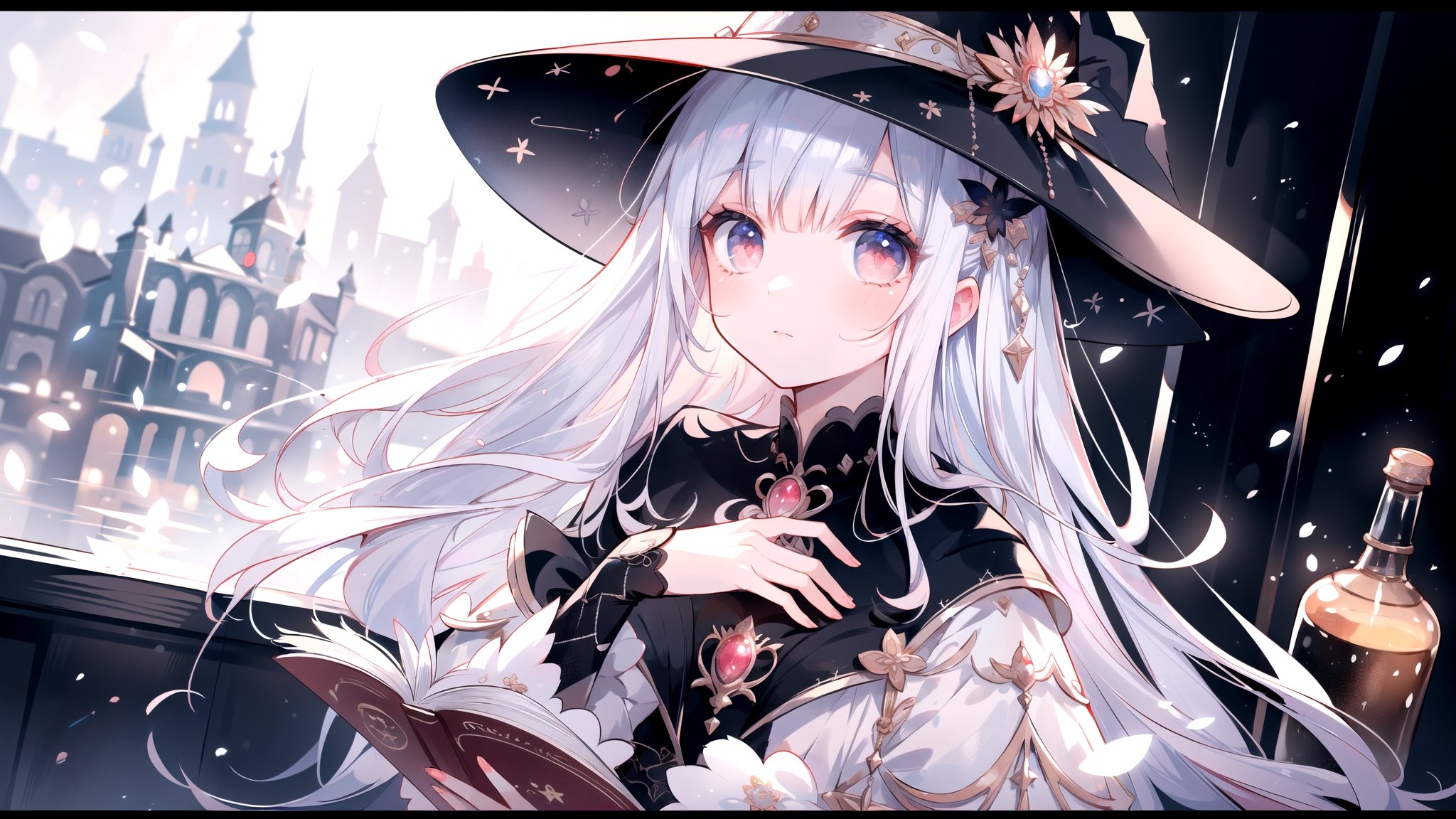 (best quality, masterpiece, panoramic:1.7), beautiful and aesthetic, Exquisite details and textures, 1girl, witch, black hat, white hair, long hair, red_eyes:1.5, long sleeves, skirt, indoor, workshop, potion bottle, books, medieval,  (solo:1.1),  16K,(HDR:1.4), high contrast, lens flare, ultra hd, realistic, vivid colors, highly detailed, UHD drawing, perfect composition, beautiful detailed, intricate insanely detailed, octane render trending on artstation, 8k artistic photography, photorealistic concept art, soft natural volumetric cinematic perfect light,look away ,nodf_lora, normal fingers,portrait,perfect light,1 girl