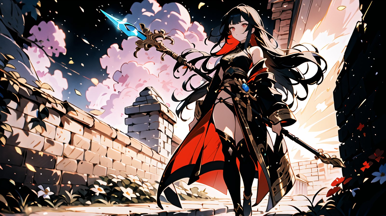 masterpiece,high resolution,panorama, image of a beautiful girl wearing a cheongsam holding a spear and standing in front of the defensive wall of a ancient city, brick wall,sunset light in the distance, The general atmosphere is mildly sad but peaceful,1 girl, solo, whole body,full body, detailed anatomy, detailed face, extra detailed long black hair, detailed red eyes,detailed hand,detailed finger,imponent aura, perfecteyes,fate/stay background,brick wall, , , ,flower background,yuzu,perfecteyes