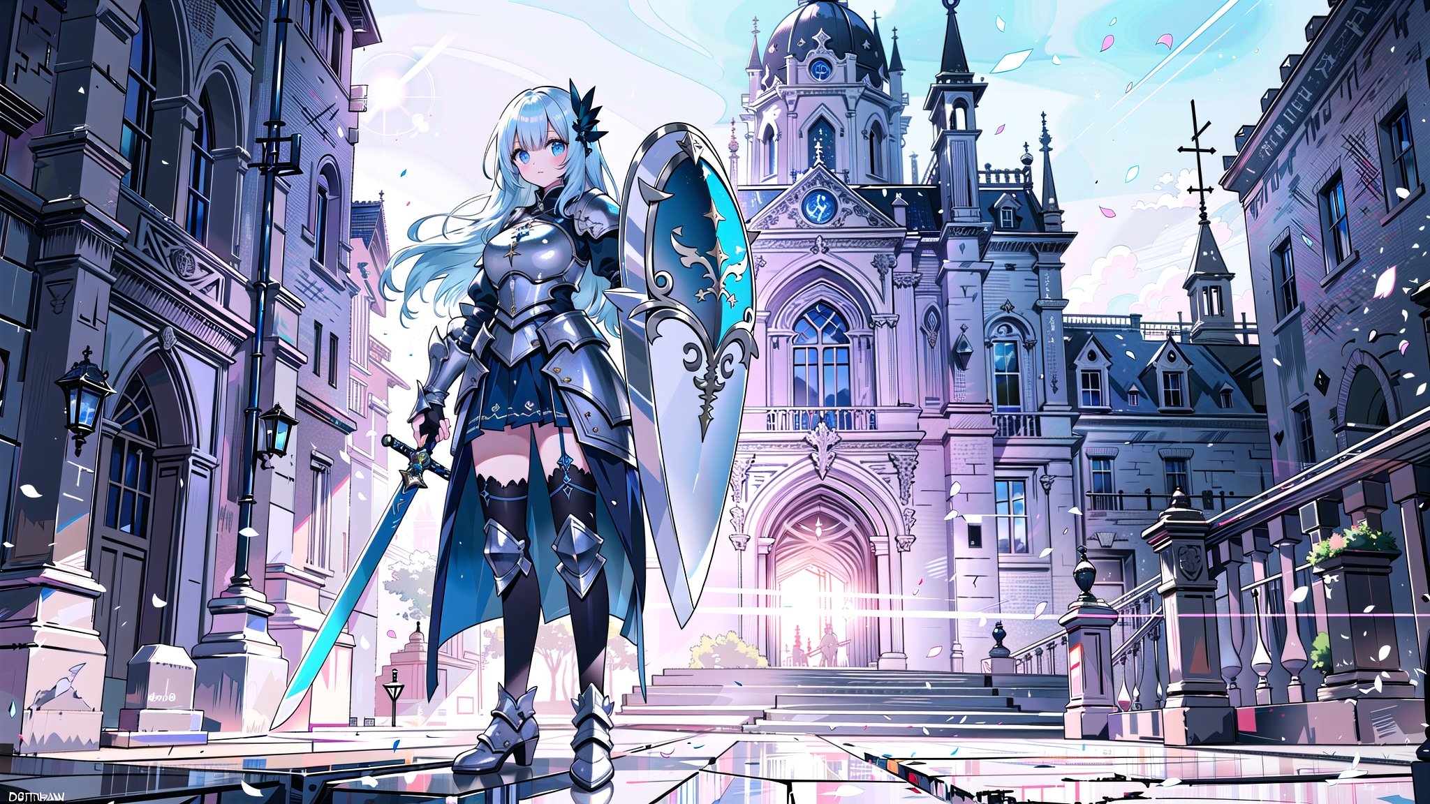 best quality, masterpiece, (panoramic:1.3), beautiful and aesthetic, vibrant color, Exquisite details and textures, Warm tone, ultra realistic illustration, (A female soldier wearing a shiny white full-body armor, holding a long sword and a huge shield, stands in front of a medieval castle.:1.4), (solo:1.3), (full body:1.8), 16K, solo, (HDR:1.4), high contrast, lens flare, anime style, ultra hd, realistic, vivid colors, highly detailed, UHD drawing, perfect composition, beautiful detailed, intricate insanely detailed, octane render trending on artstation, 8k artistic photography, photorealistic concept art, soft natural volumetric cinematic perfect light