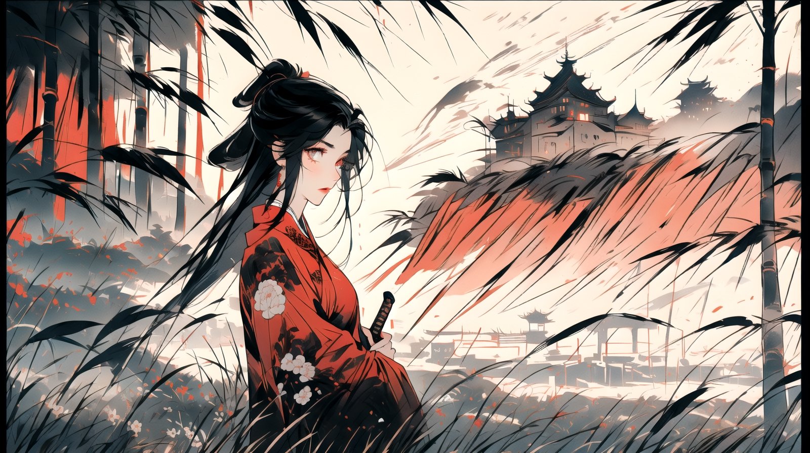 masterpiece,highres, ultra detailed,panorama ,Chinese ink painting,ink wash painting,  a beautiful girl wearing a cheongsam holding a sword and standing in front of the defensive wall of a ancient castle, The general atmosphere is mildly sad but peaceful,brick wall, sunset light in the distance(1 girl, solo, black-hair,long hair,red_eyes, perfecteyes, beautiful detailed eyes,beartiful detailed hands, shoushou ,beautiful detailed fingers, only five finger, Chinese traditional clothing:1.3), sword,weapen, beautiful detailed castle, brick wall, (castle:1.4) , , ,yuzu, perfecteyes,1 girl,Chinese ink painting