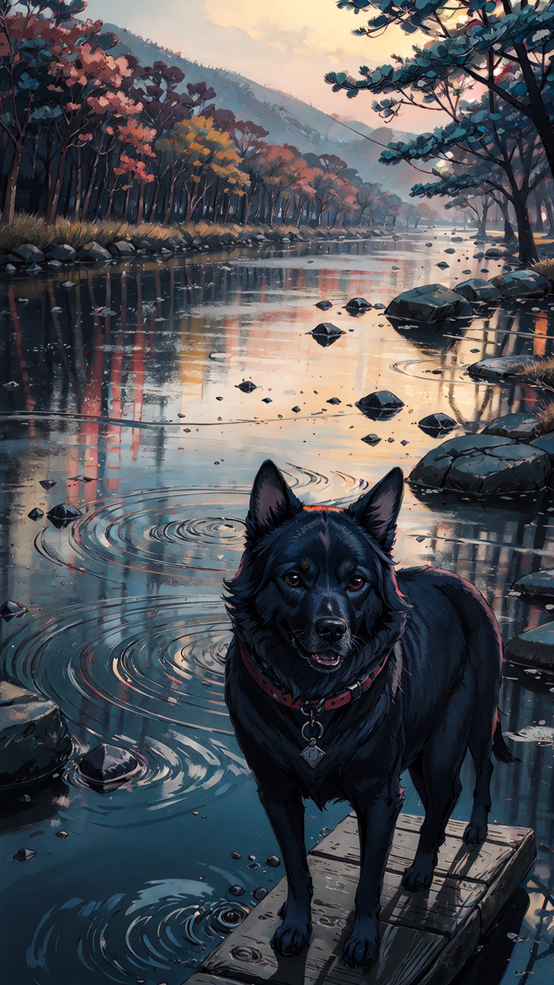 A dog standing near a riverbank