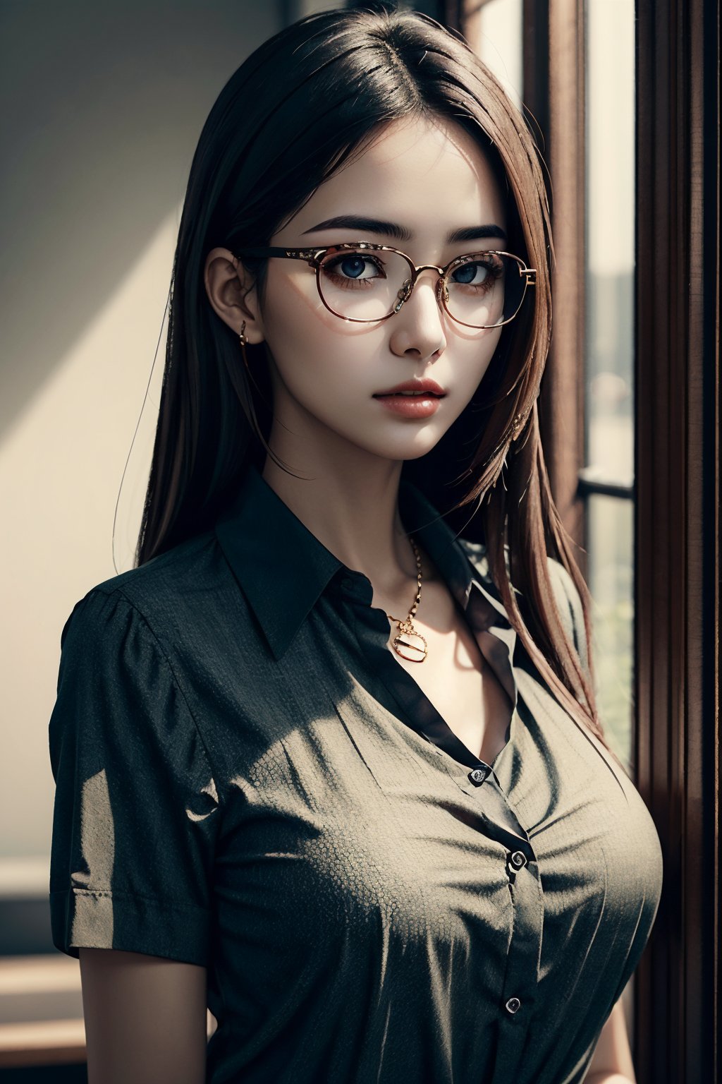 masterpiece, best quality, photorealistic, raw photo, 3girls, brown long hair, large breast, eyeglasses, collared blouse, :), detailed skin, pore, low key