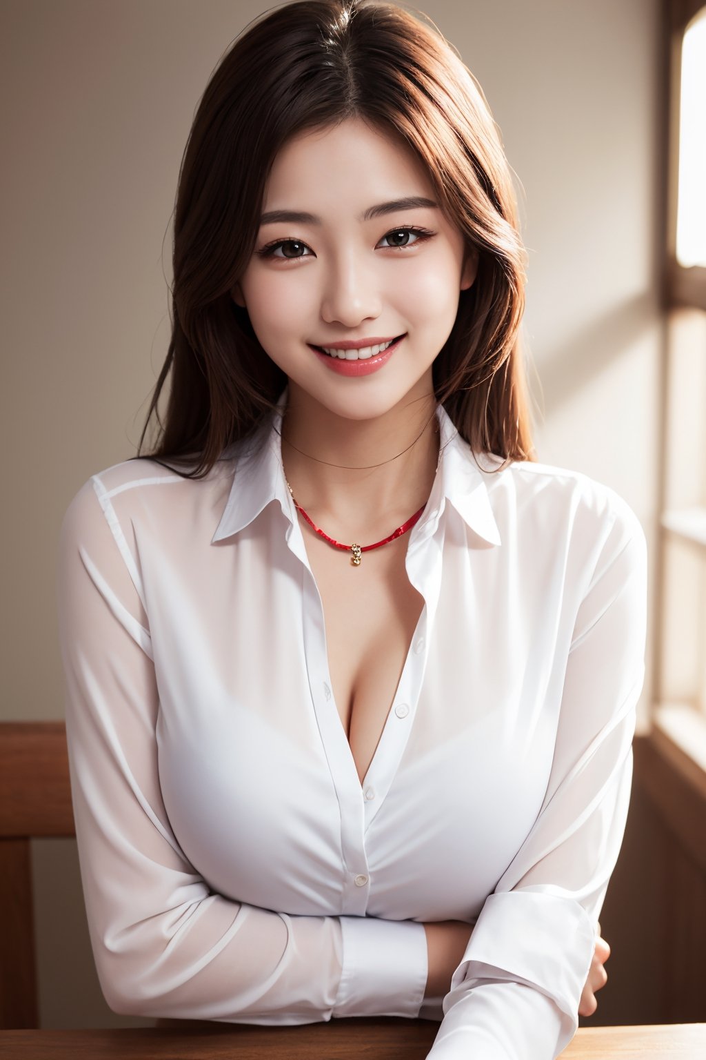 masterpiece, best quality, photorealistic, raw photo, 1girl, long hair, giant breast, collared blouse, light smile, detailed skin, pore, low key