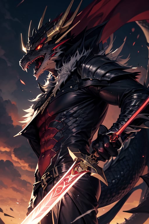 A one man person with his aura sword, dragon form, red eyes, shining sky, black eyes