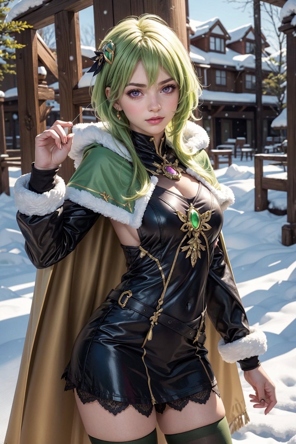 light green hair, long hair, pale skin, soft lips, fur cape, winter clothes, innocent face, sad, babyface, fantasy, medieval, winter, snow, sweet smile,  green brows, looking at the viewer, portrait, dynamic pose, detailed face, beautiful eyes, 1girl,  solo,  green hair,  thighhighs,  purple eyes,  green capelet,  brown thighhighs,  capelet,  hair ornament,  ahoge, black dress,  long sleeves,  dress, full height, cute girl, dynamic pose, bow, archer, Best Quality, Girl, realistic face, Forest, Long Hair, 2K Quality, Vivid colors, (Saturation: 1.2), 