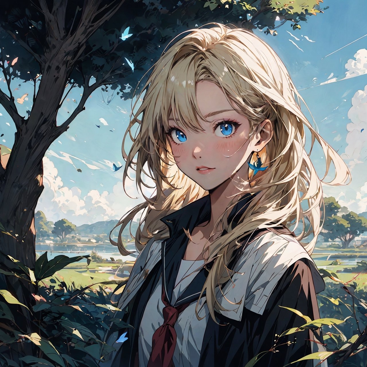 masterpiece, best quality, highres, (anime style:1.24), (1girl), blonde hair, blue eyes, sharp face feature, school attire, day, sky, green landscape, tree, 4k, pixiv, highest quality, perfect, upper_body, midjourney,studio ghibli, artgerm, greg rutkowski