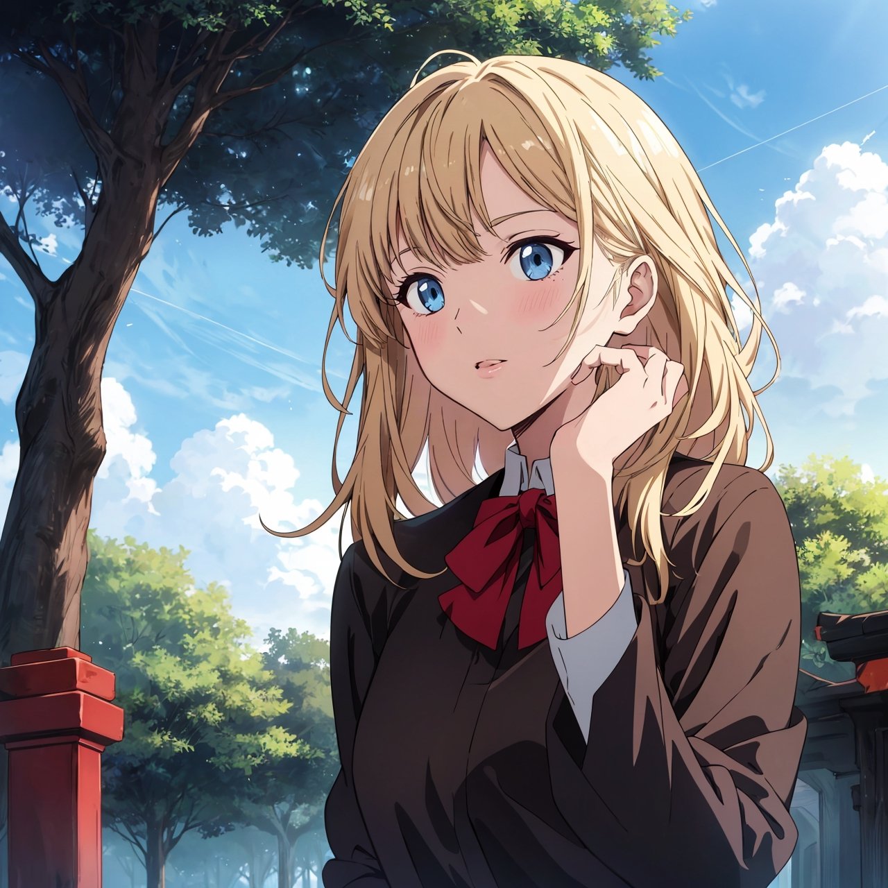 masterpiece, best quality, highres, (anime style:1.24), (1girl), blonde hair, blue eyes, sharp face feature, school attire, day, sky, green landscape, tree, 4k, pixiv, highest quality, perfect, upper_body, midjourney,studio ghibli, artgerm, greg rutkowski