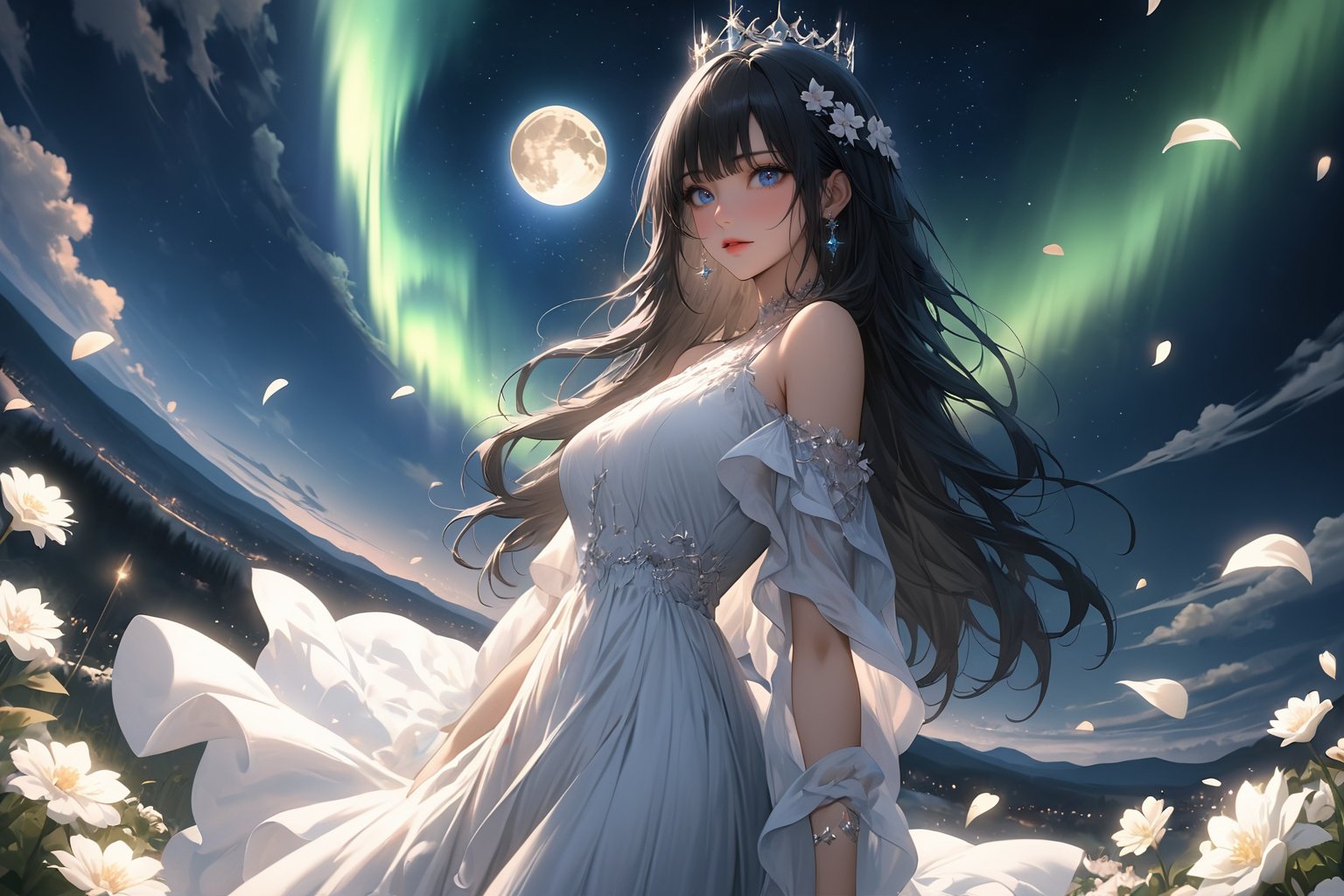 ((masterpiece, best quality, very aesthetic, absurdres)), newest, 8k, high vibrant, 1girl, cowboy shot, solo, long black hair, bangs, side view, looking at viewer, white crown, ((as she mesmerized by the beauty of the sky)), blue eyes, white dress, blue shirt, bare shoulders, long dress, ((white flowers, petals, night, moon:1.1)), ((stars in the sky:1.3)), aurora, emotional, fantasy, beautiful landscape, depth of field, by makoto shinkai, angelic beauty, ((dynamic angle, godly perspective:1.2)), niji5,more detail XL