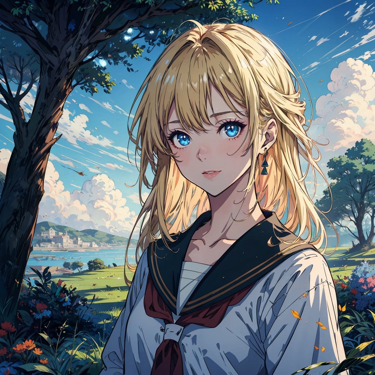 masterpiece, best quality, highres, (anime style:1.24), (1girl), blonde hair, blue eyes, sharp face feature, school attire, day, sky, green landscape, tree, 4k, pixiv, highest quality, perfect, upper_body, midjourney,studio ghibli, artgerm, greg rutkowski