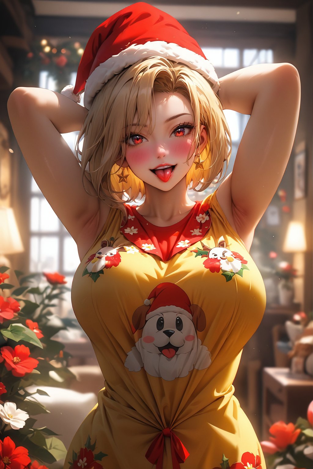 ((masterpiece, best quality, very aesthetic, absurdres)), newest, mature woman, 8k, high vibrant, 1girl, voluptuous, solo, short hair, bob haircut, blond hair, looking at viewer, bangs, hair between eyes, tongue out, open mouth, arms up, armpits, blush, red eyes, happy eyes, portrait, depth of field, indoor,  ((yellow cute sleepwear, red flower print shirt)), red santa hat, cowboy shot, godly perspective, dynamic angle, niji5,more detail XL