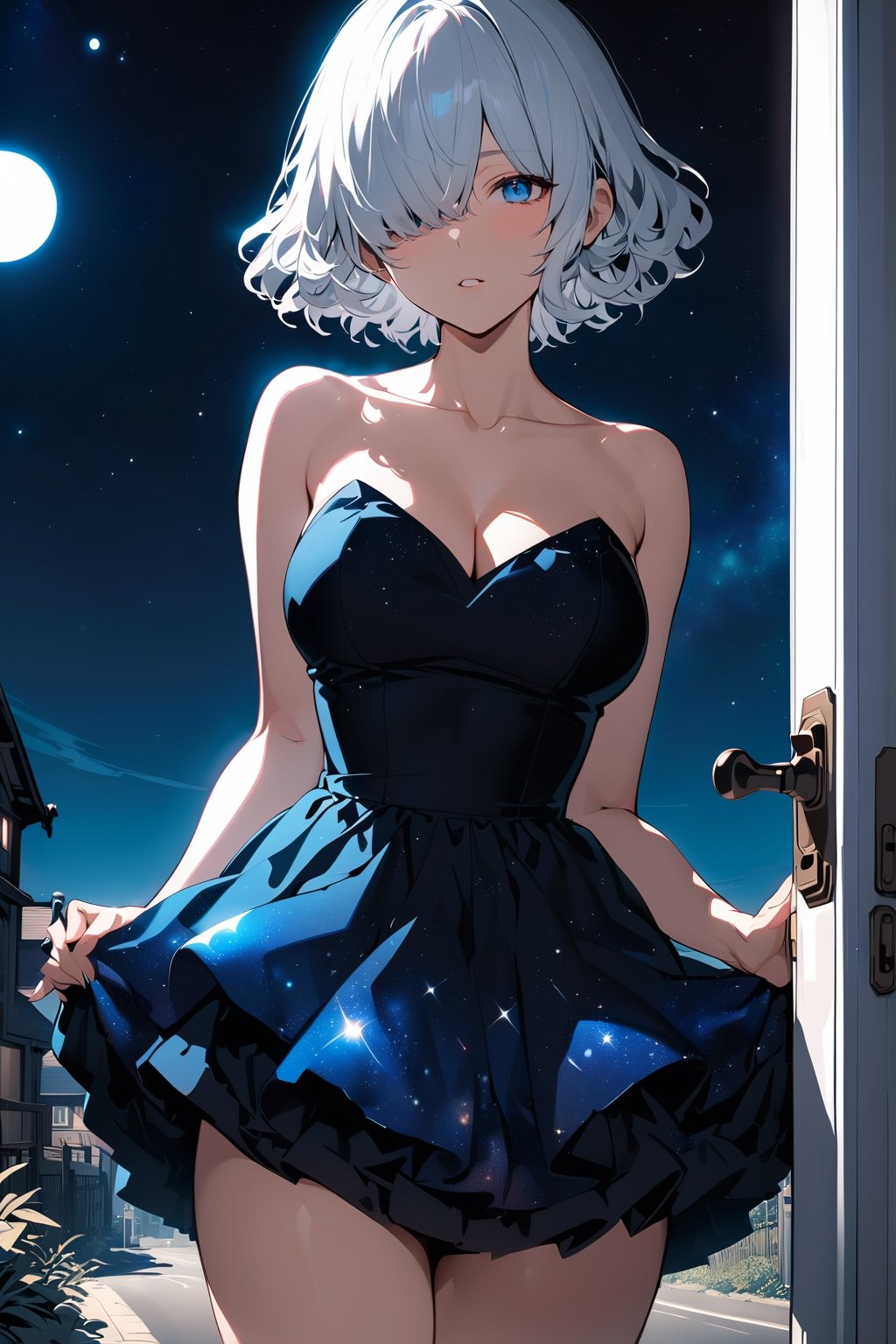 ((masterpiece, best quality, highres:1.2)), ((extremely detailed illustration:1.1)), perfect face, niji6,8k, ((2.5D)), [cinematic, ultra-detailed], highly aesthetic, 1girl, white hair, short hair, centered, wavy curly hair, ((hair over one eye:1.1)), blue eyes, ((low brightness)), ((at front door)), ((galaxy dress:1.1)), bare shoulder, voloptuous body, ((hands down)), night_sky, moon, door, ((cowboy shot)), :0, road, houses background, high sharpness, vibrant, high contrast, shadow, cleavage, hdr
,more detail XL,ani_booster