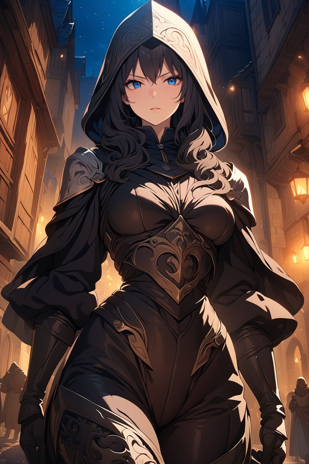 ((masterpiece, best quality, highres:1.2)), UHD, ultra-detailed, perfect face, looking at viewer, niji6, assassin's creed, 1girl, solo, robe with hood,  leather armor, pants, gloves, long sleeves, ((cowboy shot)), thighs, ((full_clothed)), closed mouth, serious face, voluptuous body, medium breasts, curvy hips, hood_up, blue eyes, black hair, long hair, wavy hair, ((dark corner of the street:1.2)), medieval, hands_down, night_sky, extremely detailed illustration, [anime_screencap], bokeh, 8k CG unity, centered,more detail XL