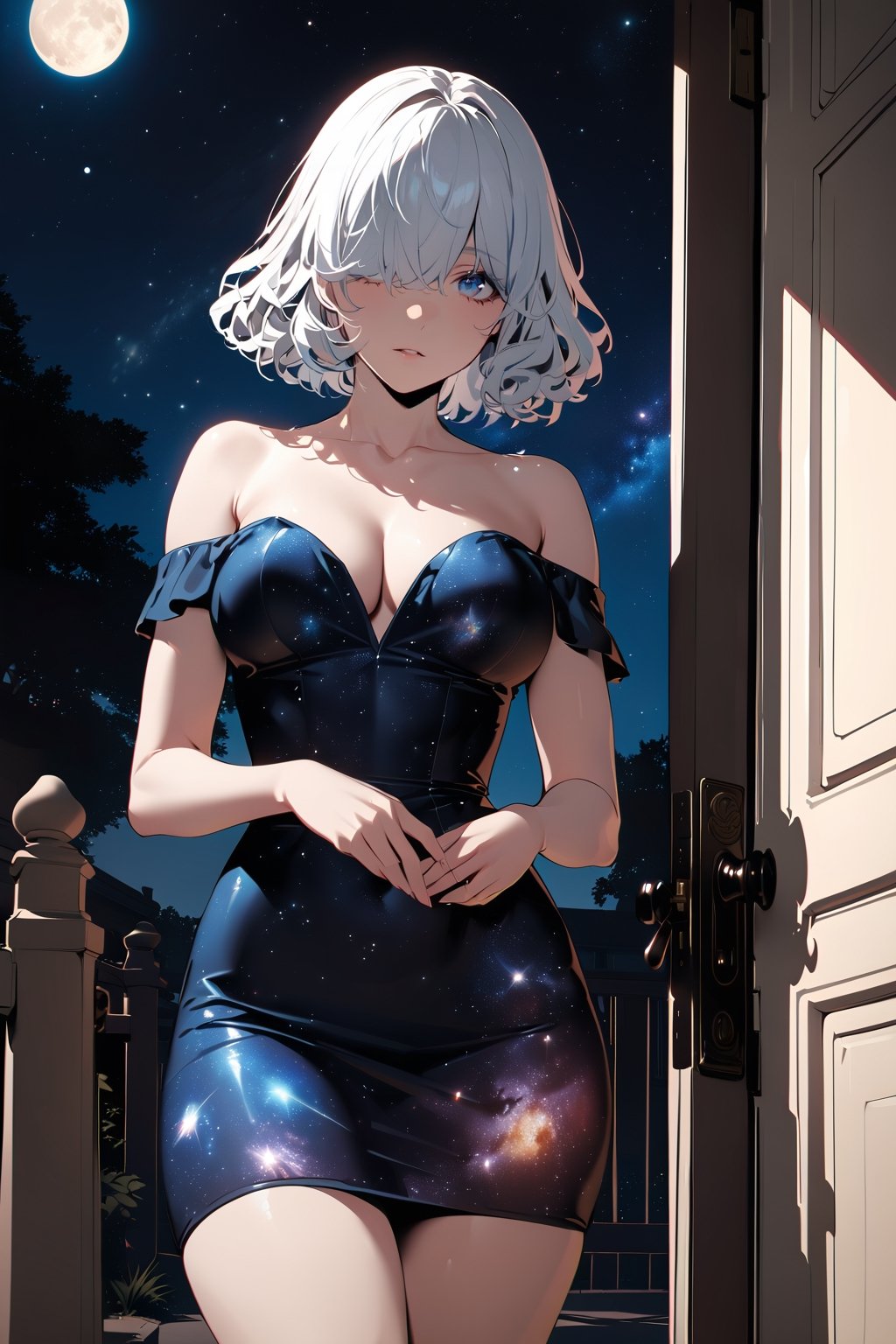 ((masterpiece, best quality, highres:1.2)), ((extremely detailed illustration:1.1)), perfect face, niji6,more detail XL,8k, eternum style, ((2.5D)), [cinematic, ultra-detailed], highly aesthetic, 1girl, white hair, short hair, wavy curly hair, ((hair over one eye:1.1)), ((galaxy eyes:1.1)), ((at front door)), ((galaxy dress:1.1)), bare shoulder, voloptuous body, centered, ((hands down)), night_sky, moon, door, ((cowboy shot)), :0, road, houses background, curious expression, high sharpness, vibrant, high contrast, low brightness, dimly light, shadow, cleavage, hdr
