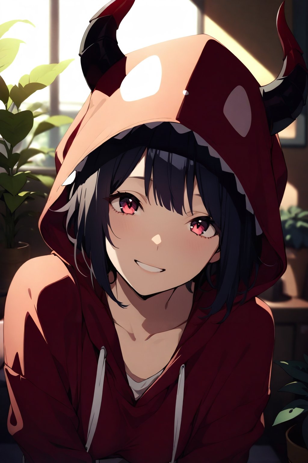 ((masterpiece, best quality, highres:1.2)), perfect face, more detail XL, Kyoto animation style,niji6, depth of field, 1girl, solo, breasts, looking at viewer, smile, short hair, bangs, black hair, long sleeves, upper body, horns, teeth, indoors, hood, cosplay, hoodie, plant, hood up, red hoodie