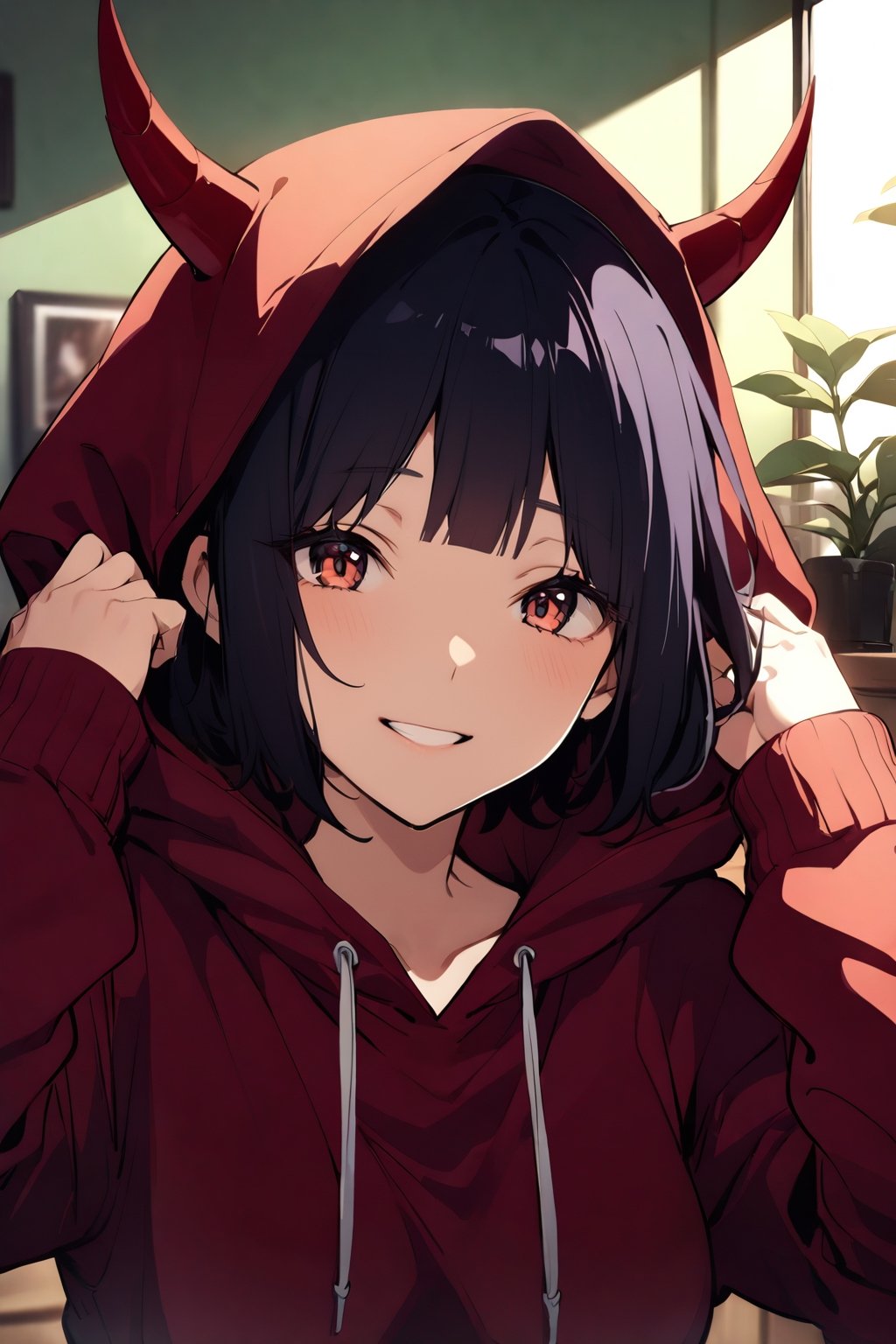 ((masterpiece, best quality, highres:1.2)), perfect face, more detail XL, Kyoto animation style,niji6, depth of field, 1girl, solo, breasts, looking at viewer, smile, short hair, bangs, black hair, long sleeves, upper body, horns, teeth, indoors, hood, cosplay, hoodie, plant, hood up, red hoodie