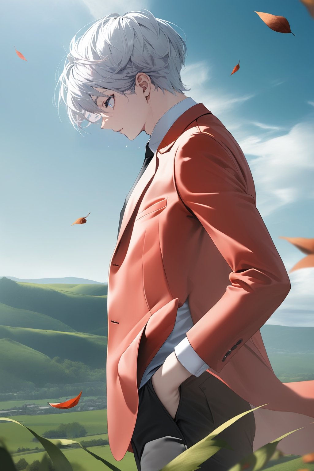 ((masterpiece, best quality)), newest, illustration, vibrant, side view, from side, perfect face, 1boy, white hair, short hair, white eyes, red suit, jacket, white necktie, black shirt, black pants, ((cowboy shot)), uhd, hdr, dlsr, high aesthetic, 8k, scenary, blue sky, cloud, chiaroscuro, green landscape, medieval city, fall_leaves, windy