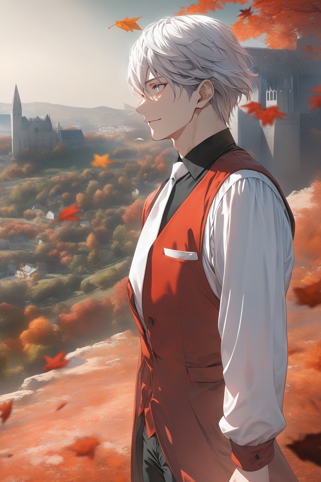 ((masterpiece, best quality)), newest, illustration, vibrant, side view, from side, perfect face, 1boy, white hair, short hair, white eyes, red suit, jacket, white necktie, black shirt, black pants, looking at the distance, standing, slight smile, ((cowboy shot)), uhd, hdr, dlsr, high aesthetic, 8k, scenary, blue sky, cloud, chiaroscuro, green landscape, ((medieval city background:1.1)), fall_leaves, windy