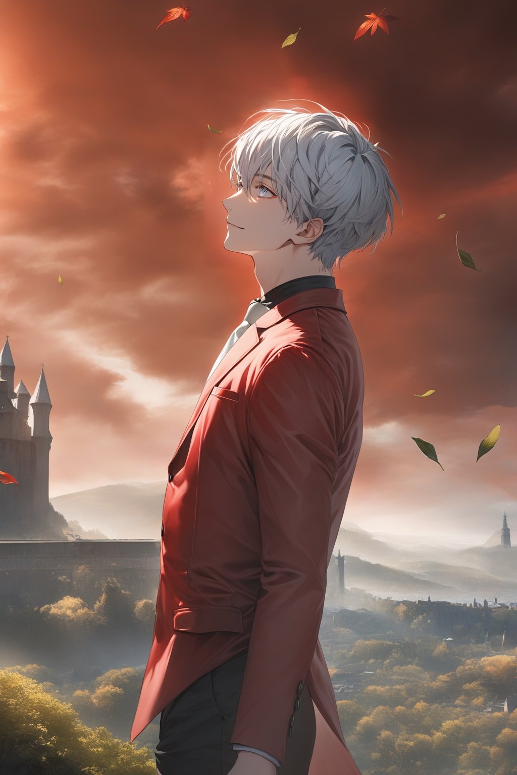 ((masterpiece, best quality)), newest, illustration, vibrant, side view, from side, perfect face, 1boy, white hair, short hair, white eyes, red suit, jacket, white necktie, black shirt, black pants, looking at the distance, standing, slight smile, ((cowboy shot)), uhd, hdr, dlsr, high aesthetic, 8k, scenary, ((beautiful blue sky)), sunlight, cloudy_sky, fantasy, chiaroscuro, green landscape, ((medieval city background:1.1)), fall_leaves, windy