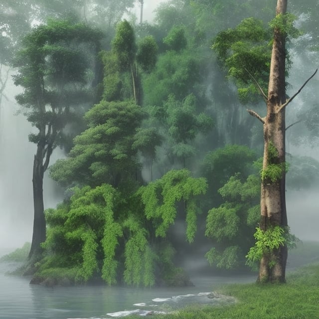 masterpiece, forest, jungle, trees, mist, fog, water, river, vines, photorealistic