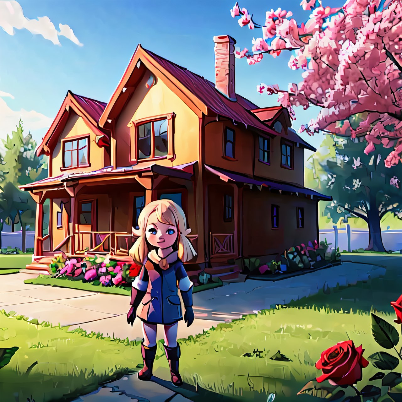 A beautiful (little child kleedef), (child kleedef), (3 years old kleedef) stands in front of a beautiful and fantastic house. The house is surrounded by roses and trees
