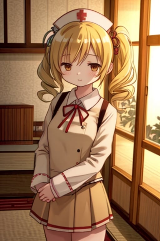 Create a stunning, high-resolution masterpiece of a solo young Japanese girl, around 6 years old, with blonde hair styled in twin drills and twintails, adorned with a cute hair ornament. Her bright yellow eyes sparkle with innocence and curiosity. She wears a traditional Japanese nurse uniform, including a collared shirt, pleated skirt, and a nurse's cap. Her expression is one of playfulness and wonder, capturing the charm and energy of a young child. Generate an image that is highly detailed and visually striking, with a focus on the character's youthful innocence and endearing personality. Highly detailed, masterpiece, 8K, 3D, photorealistic, 1 girl, solo, young, female, Japanese, nurse uniform, nurse's cap, playful expression, curious.