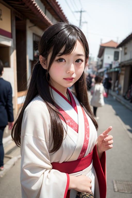 A six-year-old Japanese girl with long black hair, wearing a traditional kimono, stands in front of a camera, facing forward. She is standing in a bustling Indian town in the year 500 AD, surrounded by colorful bazaars, vibrant temples, and people dressed in flowing saris and dhotis. The girl's expression is one of wonder and curiosity, her eyes wide with amazement at the sights and sounds of the town.