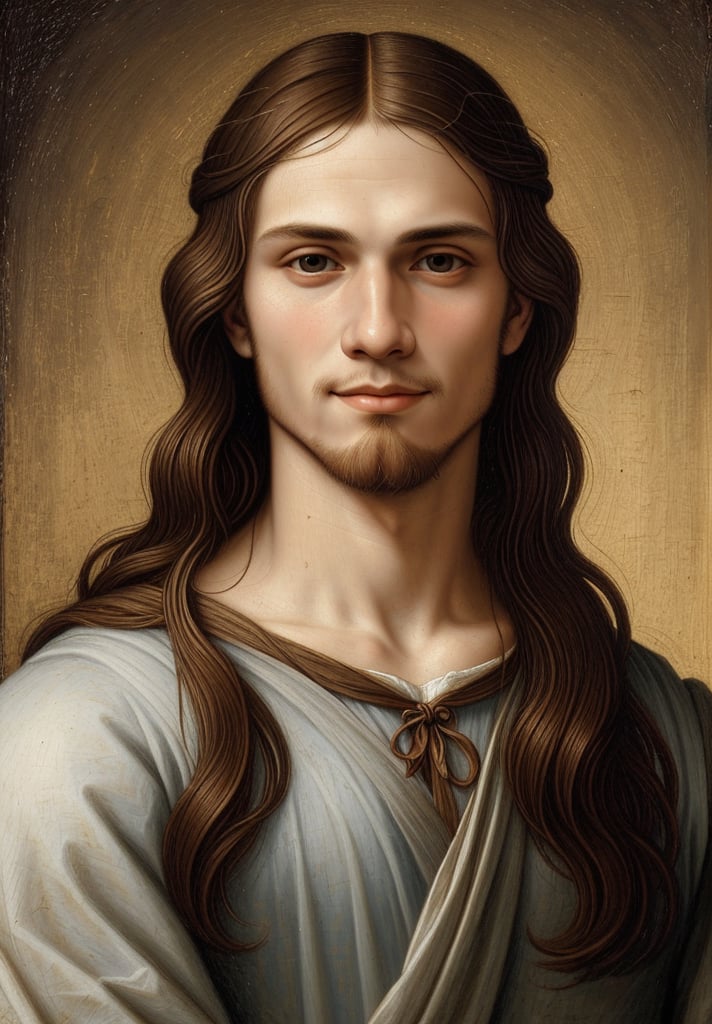 Produce a portrait of a 20-year-old man embodying the likeness of Jesus Christ, dressed in upper body attire, using Leonardo da Vinci's High Renaissance style. Incorporate elements such as sfumato technique, enigmatic smile, realistic adolescent anatomy, intricate drapery, and chiaroscuro lighting