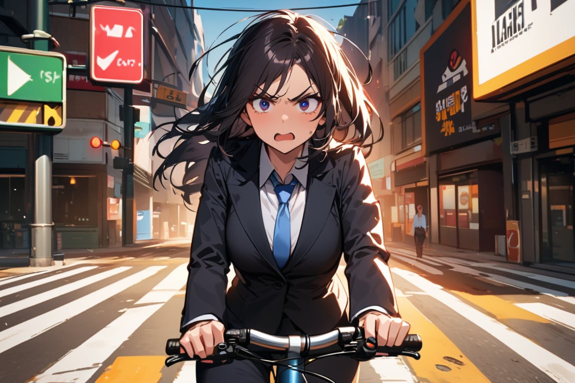 standing,

(cowboy shot:1.1),

A 30-year-old female office worker with distinctive features, riding a bicycle. She has long black hair and an angry expression. She is dressed in professional office attire. The background is a bright, sunny day at a traffic intersection with traffic lights. The shot is a cowboy shot, focusing on her upper body, with an emphasis on insane detail and ultra detail