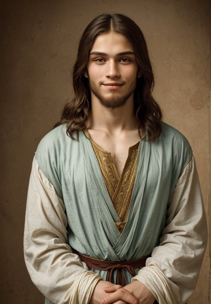 Produce a portrait of a 20-year-old man embodying the likeness of Jesus Christ, dressed in upper body attire, using Leonardo da Vinci's High Renaissance style. Incorporate elements such as sfumato technique, enigmatic smile, realistic adolescent anatomy, intricate drapery, and chiaroscuro lighting