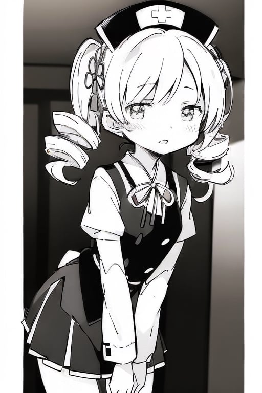 (black and white line art:1.77), Create a stunning, high-resolution masterpiece of a solo young Japanese girl, around 6 years old, with blonde hair styled in twin drills and twintails, adorned with a cute hair ornament. Her bright yellow eyes sparkle with innocence and curiosity. She wears a traditional Japanese nurse uniform, including a collared shirt, pleated skirt, and a nurse's cap. Her expression is one of playfulness and wonder, capturing the charm and energy of a young child. Generate an image that is highly detailed and visually striking, with a focus on the character's youthful innocence and endearing personality. Highly detailed, masterpiece, 8K, 3D, photorealistic, 1 girl, solo, young, female, Japanese, nurse uniform, nurse's cap, playful expression, curious.