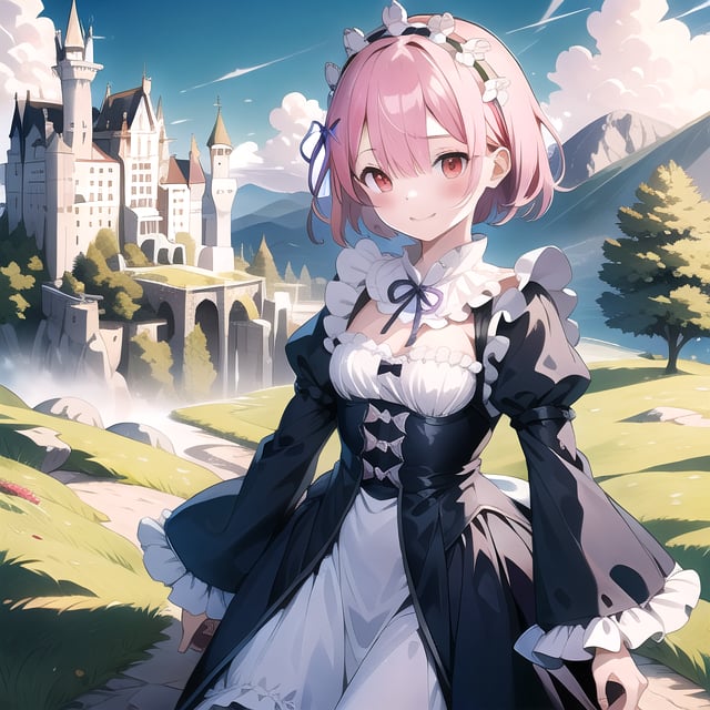 (6 year old girl:1.7), (cowboy shot:1.4), Ram from Re:Zero Starting Life in Another World, (insanely detailed:1.1), (Ultra detailed:1.1), (8K resolution:1.1), (photorealistic:1.1), (natural lighting:1.1), (hyper-realistic:1.1), masterpiece, best quality, highres, 1girl, solo, pink hair, white thighhighs, short hair, red eyes, hair over one eye, ribbon trim, hair ribbon, x hair ornament, frills, maid headdress, waist apron, garter straps, black ribbon, small breasts, long sleeves, white apron, neck ribbon, purple ribbon, wide sleeves, hair flower, smile, standing, outdoors, Neuschwanstein Castle as background, German Alps, lush green landscape, clear blue sky, bright sunny day, medieval architecture, fairy tale castle