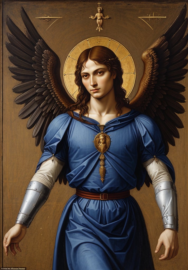 Create a portrait of Archangel Michael, wearing upper body attire, in the style of Leonardo da Vinci. Incorporate elements such as sfumato technique, realistic human anatomy, intricate drapery, and chiaroscuro lighting to capture the essence of the High Renaissance