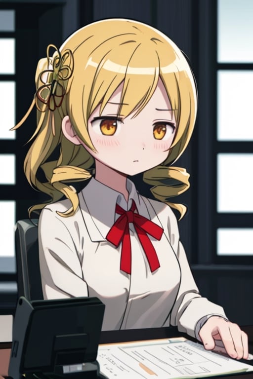 Create a stunning, high-resolution masterpiece of a solo young Japanese woman with blonde hair styled in twin drills and twintails, adorned with a professional-looking hair ornament. Her bright yellow eyes convey a sense of expertise and dedication. She wears a white lab coat over a collared shirt, indicating her role as a pharmacist. She holds a clipboard or tablet, signifying her engagement in her medical duties. Her expression is one of focused concentration, reflecting her professionalism and commitment to her work. Generate an image that is highly detailed and visually striking, with a focus on capturing the character's competence and authority in the pharmaceutical field. Highly detailed, masterpiece, 8K, 3D, photorealistic, 1 woman, solo, young, female, Japanese, lab coat, clipboard, tablet, serious expression, determined, authoritative.