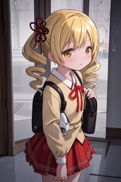 Create a stunning, high-resolution masterpiece of a solo young Japanese girl, around 6 years old, with blonde hair styled in twin drills and twintails, adorned with a cute hair ornament. Her bright yellow eyes sparkle with innocence and curiosity. She wears a traditional Japanese kindergarten uniform, including a collared shirt, pleated skirt, and a backpack. Her expression is one of playfulness and wonder, capturing the charm and energy of a young child. Generate an image that is highly detailed and visually striking, with a focus on the character's youthful innocence and endearing personality. Highly detailed, masterpiece, 8K, 3D, photorealistic, 1 girl, solo, young, female, Japanese, kindergarten uniform, backpack, playful expression, curious.