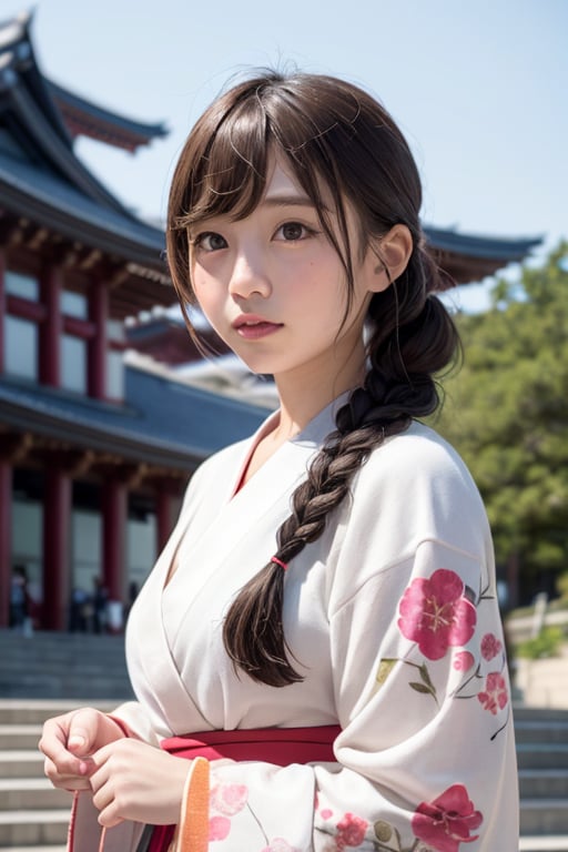 A beautiful black-haired Japanese elementary school girl stands confidently in front of the imposing National Diet Building in Tokyo, her gaze fixed straight ahead, as if looking directly at the viewer.  Her long, flowing hair, styled in elegant braids adorned with holographic hair clips, cascades down her back. She wears a modern kimono, its fabric shimmering with iridescent hues, a fusion of ancient tradition and futuristic technology. Her eyes, filled with a sense of determination and hope, reflect the grandeur of the building and the promise of a bright future. The scene is rendered in high resolution and with the highest image quality, creating a realistic and captivating depiction of a young girl standing at the crossroads of tradition and innovation, her presence a symbol of the future of Japan. The image exudes a sense of power and possibility, blending the solidity of the past with the dynamism of the future. The camera angle is from the front, capturing her full face and the imposing facade of the National Diet Building behind her.