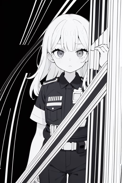 (black and white line art:1.57), 1girl, Solo, Police_uniform, Japanese